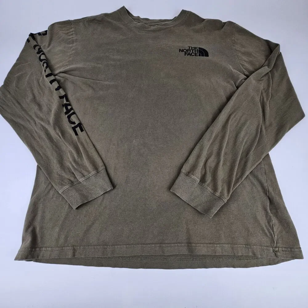 The North Face Mens Large Long Sleeve T Shirt Olive Green Logo Sleeve Graphic